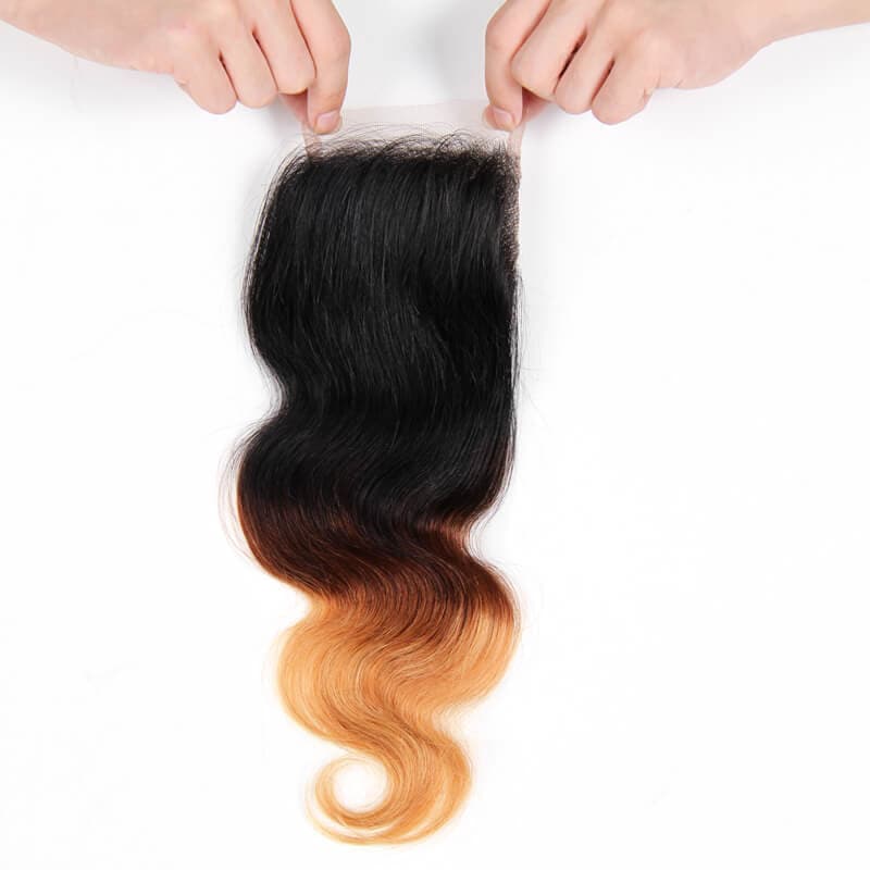 Ombre Color 1B/4/27 Brazilian Virgin Hair Body Wave Bundles With 4*4 Lace Closure