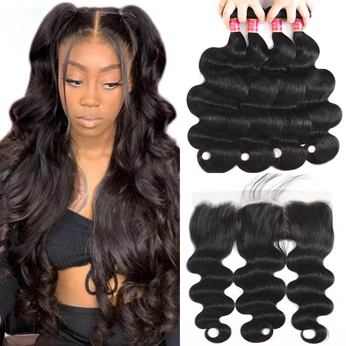 Brazilian Body Wave 4 Bundles With 13*4 Lace Frontal Closure 100% Human Hair Weft