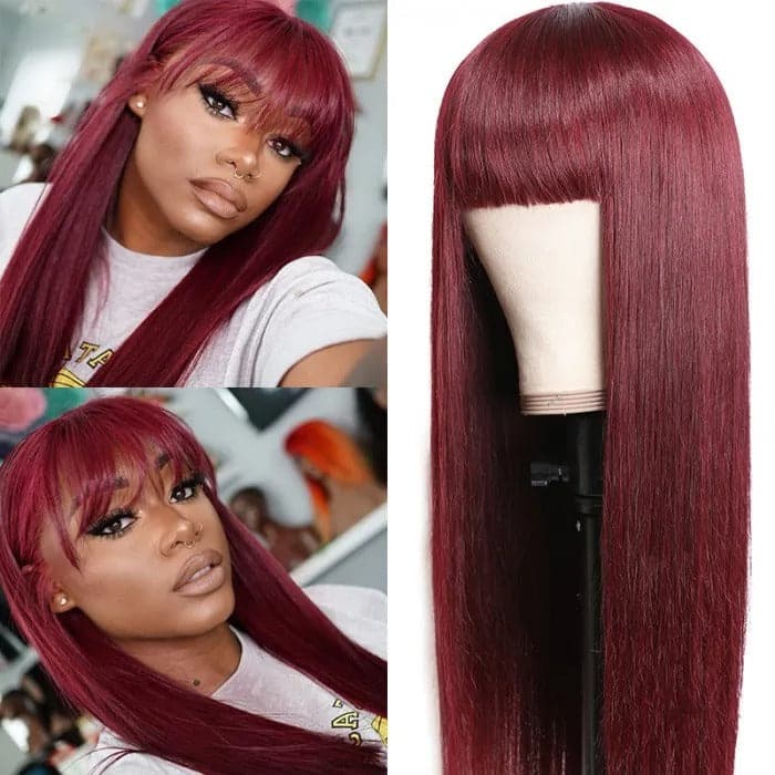 Burgundy Straight Human Hair Wigs with Bangs Glueless Machine Made Wigs for Women