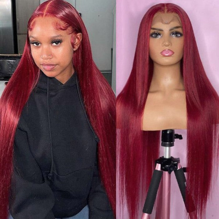 Burgundy 99j Colored Wig 13X6 Straight HD Transparent Lace Frontal Wigs for Sale