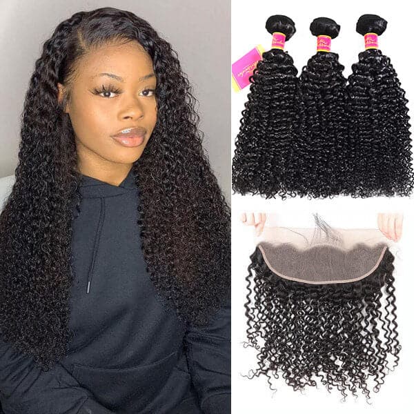 Unprocessed Brazilian Hair 3pcs Kinky Curly Human Hair Bundles with Lace Frontal