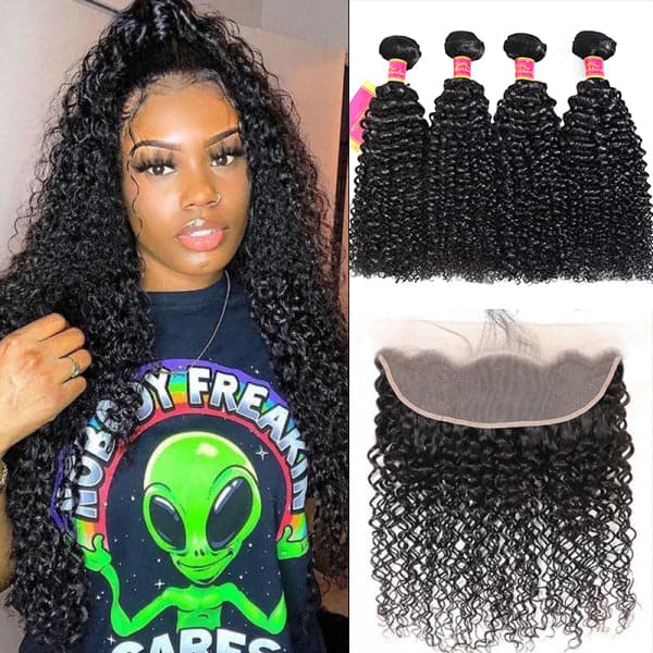 Kinky Curly Hair 4 Bundles With Lace Frontal Closure Brazilian Virgin Human Hair Weave For Black Women