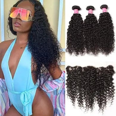 Kinky Curly Hair 4 Bundles With Lace Frontal Closure Brazilian Virgin Human Hair Weave For Black Women