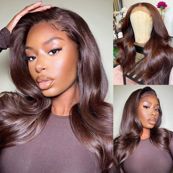 #4 Dark Brown Wigs Body Wave Chocolate Brown Human Hair Lace Front Wigs