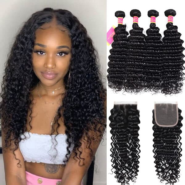 Deep Wave 4 Bundles With 4x4 Lace Closure Unprocessed Viring Hair Sew In