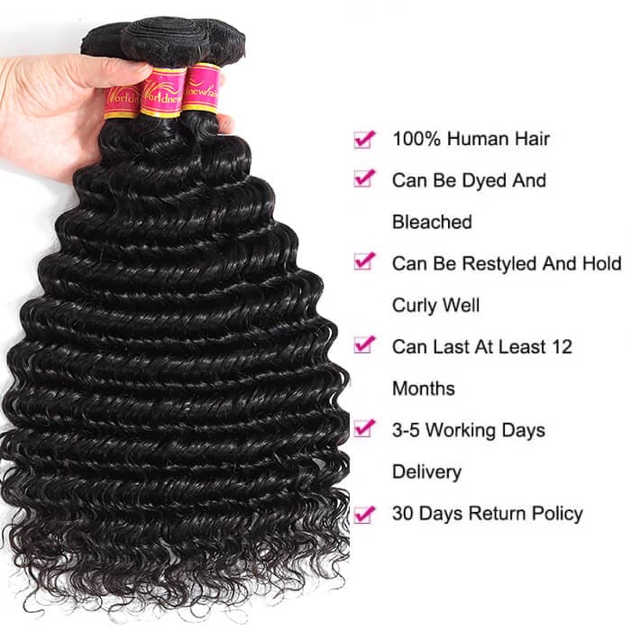 Brazilian Virgin Hair 3 Bundles Deep Wave Wavy Virgin Human Hair Weft