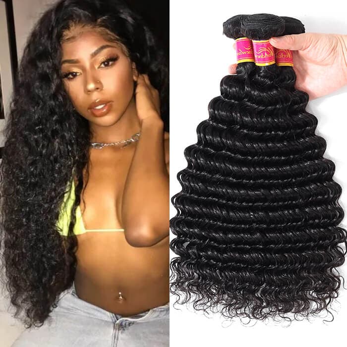 Brazilian Virgin Hair 3 Bundles Deep Wave Wavy Virgin Human Hair Weft