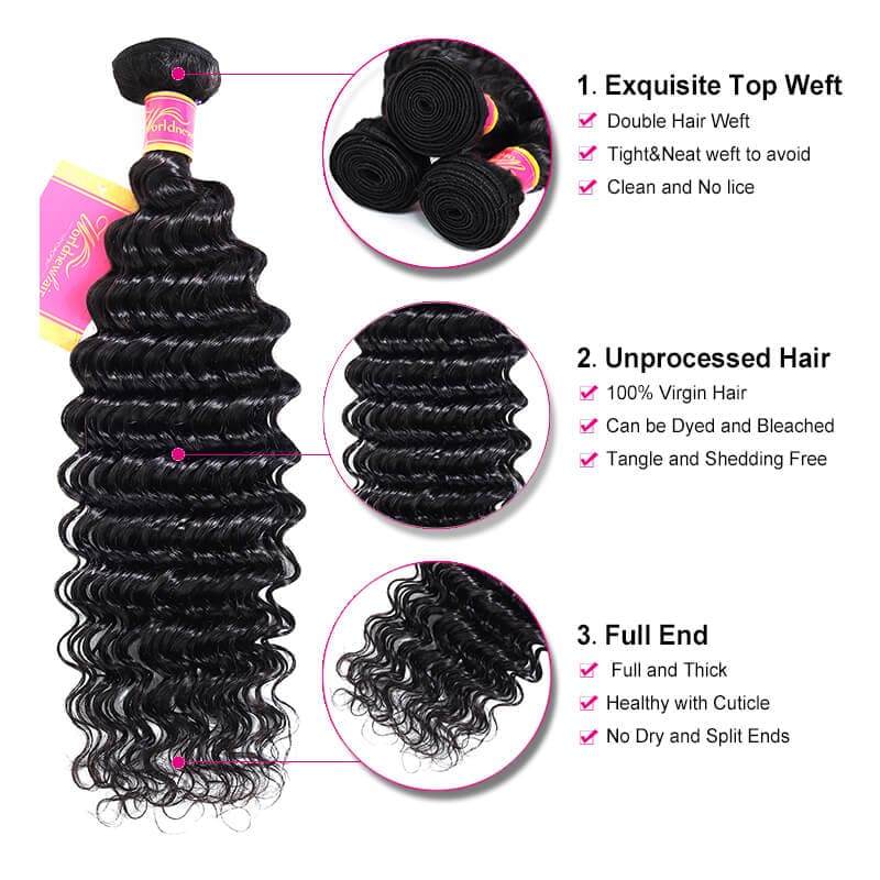 WorldNewHair Human Hair Weave Deep Wave 100% Human Hair 3 Bundle Deals