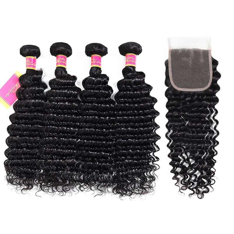Deep Wave 4 Bundles With 4x4 Lace Closure Unprocessed Viring Hair Sew In