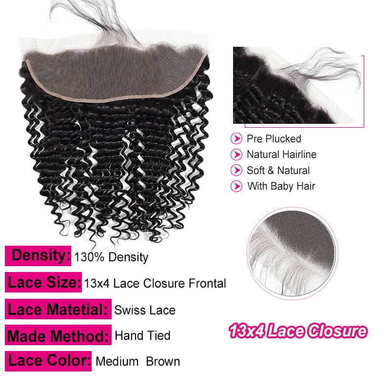 100% Human Hair Deep Wave 3 Bundles With Ear To Ear Frontal Closure With Baby Hair