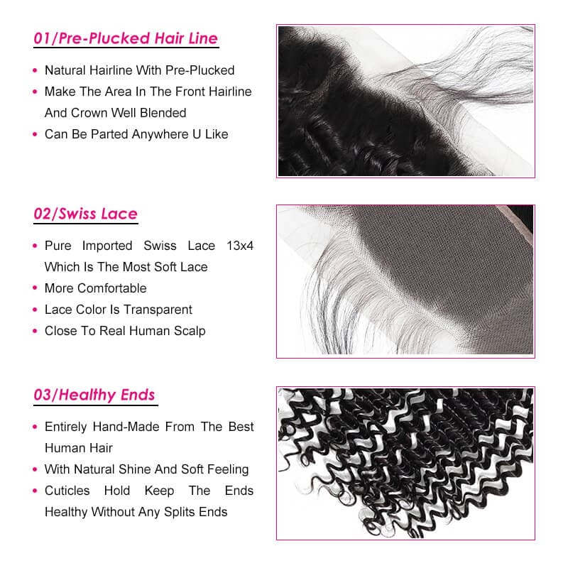 Deep Wave Virgin Hair Weave 4 Bundles With 13x4 Lace Frontal Closure Human Hair Weft