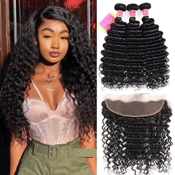 100% Human Hair Deep Wave 3 Bundles With Ear To Ear Frontal Closure With Baby Hair