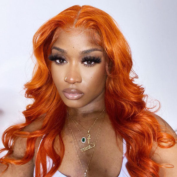 Clearance Sale Ginger Orange Color Transparent HD Lace Part Wig Straight Body Wave Human Hair Wigs