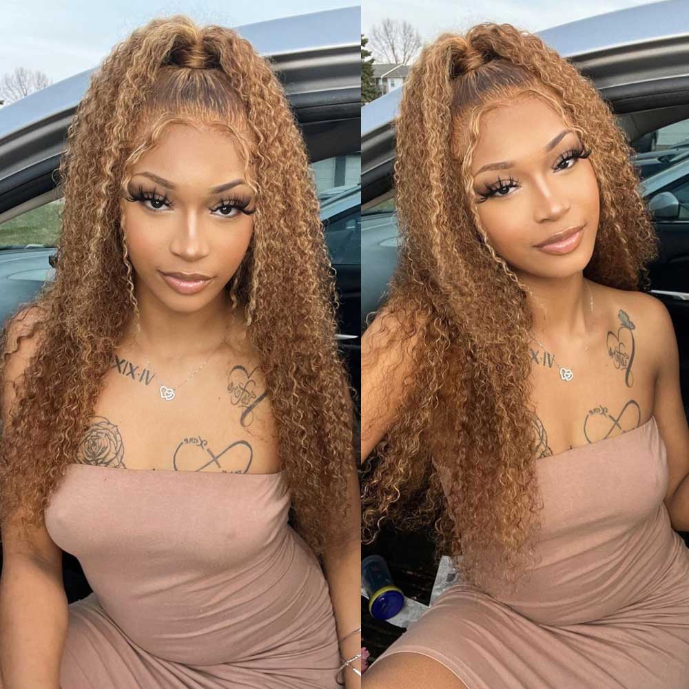 Curly Hair Highlight #427 Colored Pre Plucked Honey Blonde 13x4 Lace Front Human Hair Wig