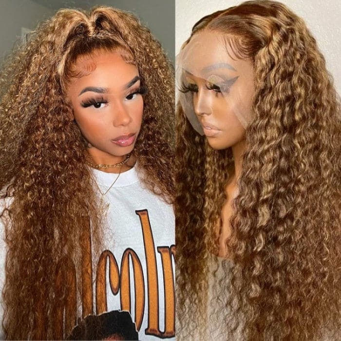 Curly Hair Highlight #427 Colored Pre Plucked Honey Blonde 13x4 Lace Front Human Hair Wig