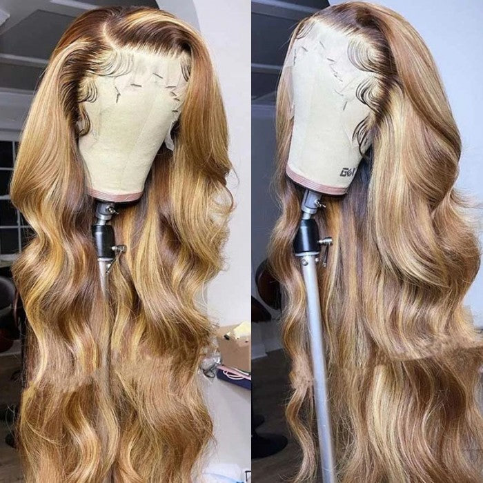 Ombre Highlight Lace Front Wig Body Wave Honey Blonde Human Hair Natural Density