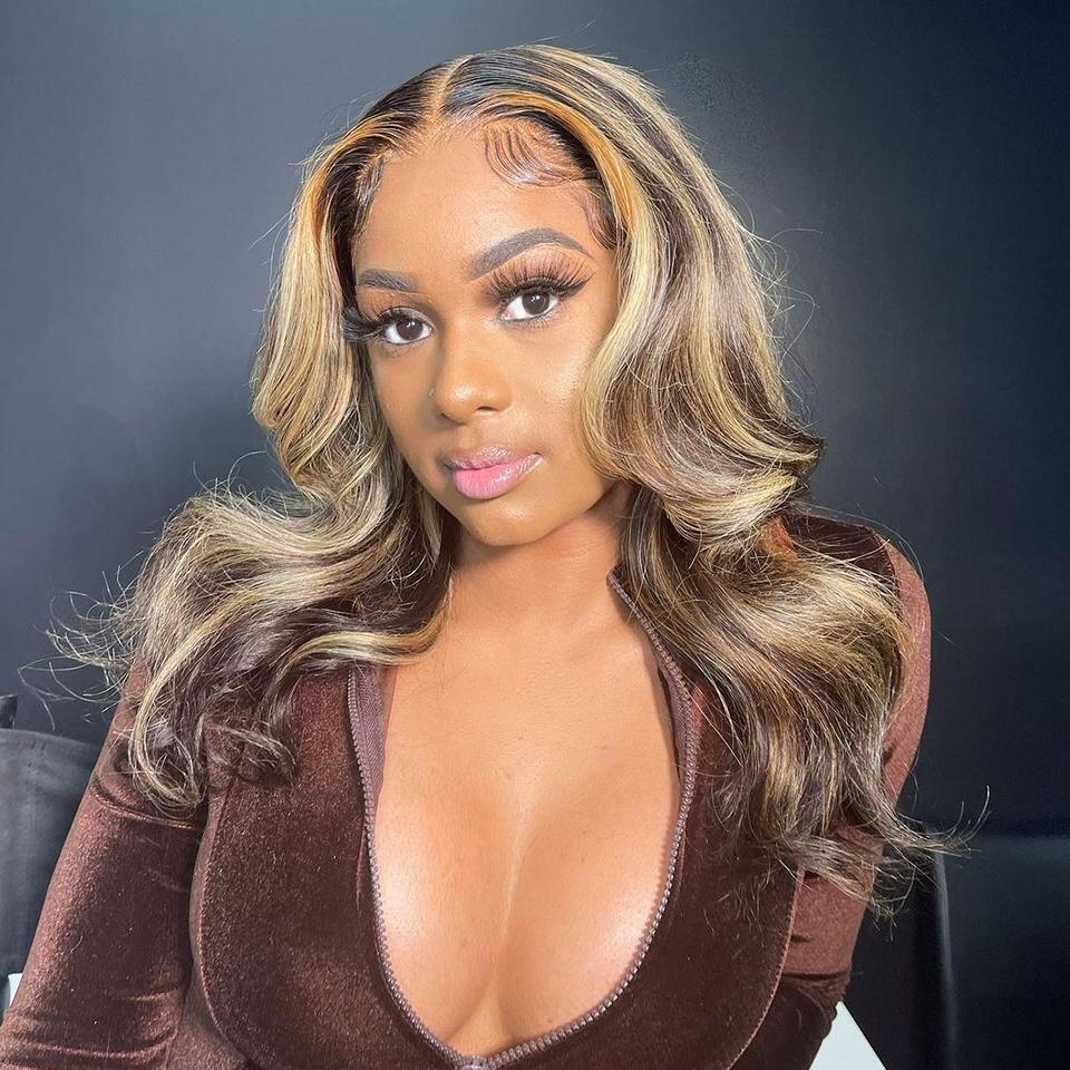 Balayage Body Wave Highlights #1B/27 Piano Color Honey Blonde Highlights Lace Front Wigs