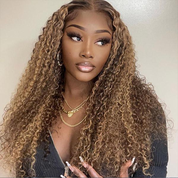 Curly Hair Highlight #427 Colored Pre Plucked Honey Blonde 13x4 Lace Front Human Hair Wig