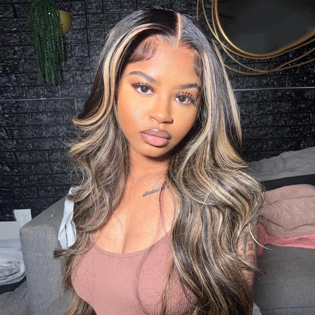 Balayage Body Wave Highlights #1B/27 Piano Color Honey Blonde Highlights Lace Front Wigs