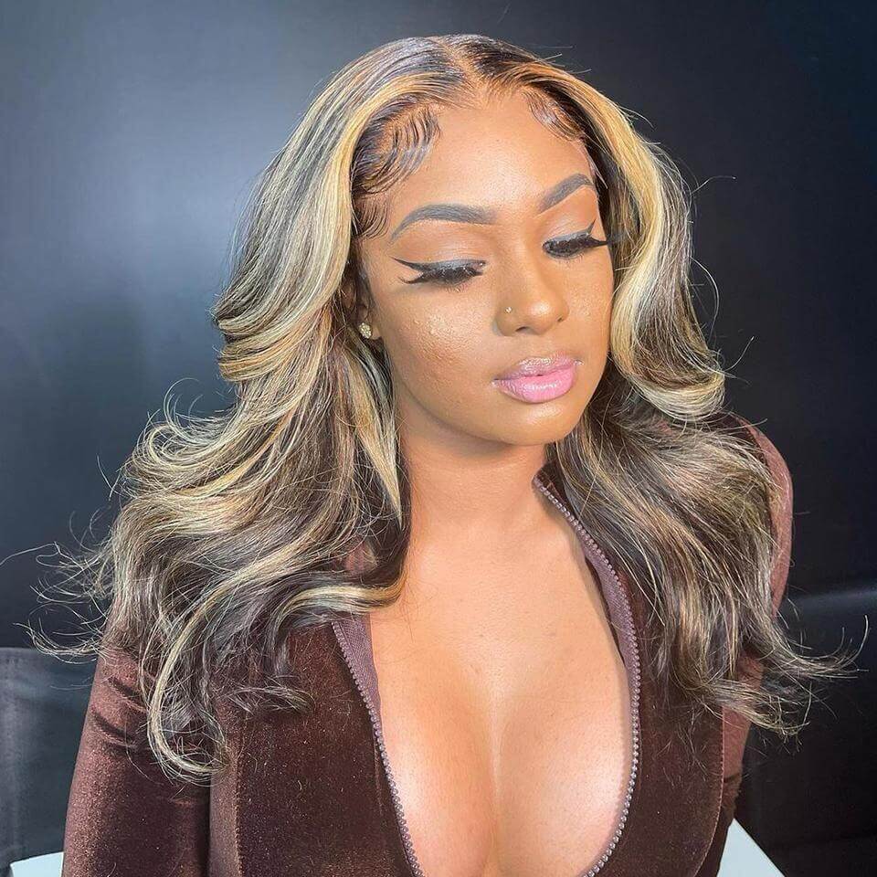 Balayage Body Wave Highlights #1B/27 Piano Color Honey Blonde Highlights Lace Front Wigs