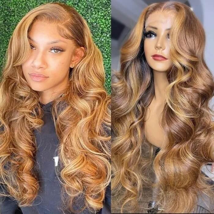 Ombre Highlight Lace Front Wig Body Wave Honey Blonde Human Hair Natural Density