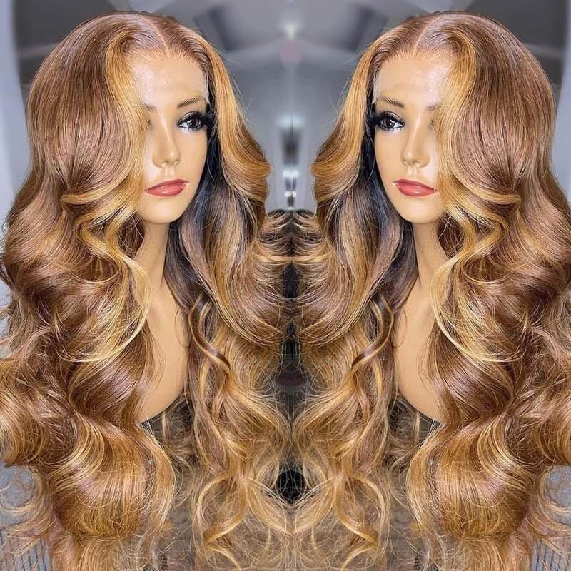 Ombre Highlight Lace Front Wig Body Wave Honey Blonde Human Hair Natural Density