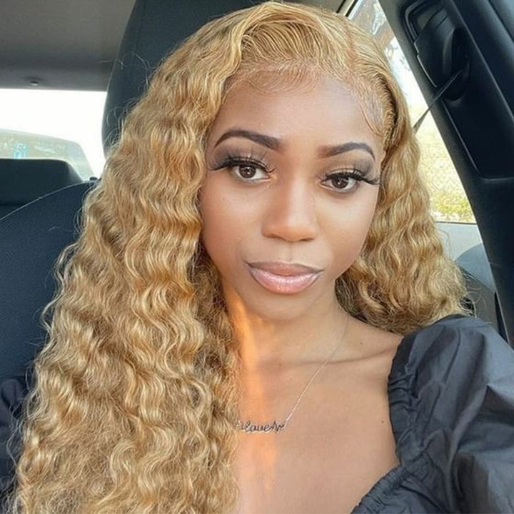 #27 Colored Pre Plucked Water Wave Lace Wig Honey Blonde Human Hair Wigs