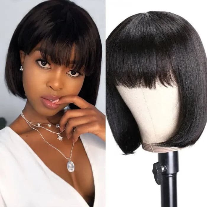 Straight Human Hair Short Bob Wigs With Bangs Human Hair 13x4 lace Front Wigs