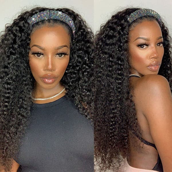 High Quality Headband Wigs Kinky Curly Human Hair Wigs  150% Density Virgin Hair Natural Black