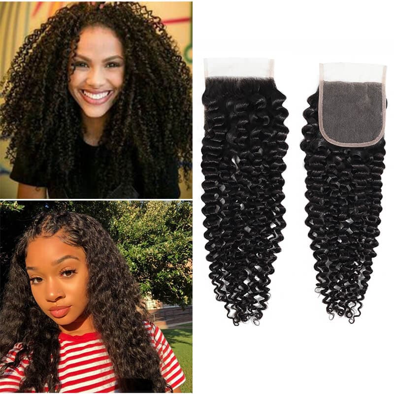 Kinky Curly Hair 4x4 Pre Plucked Lace Closure Sews In Virgin Human Hair Extensions