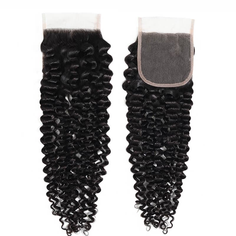 Kinky Curly Hair 4x4 Pre Plucked Lace Closure Sews In Virgin Human Hair Extensions