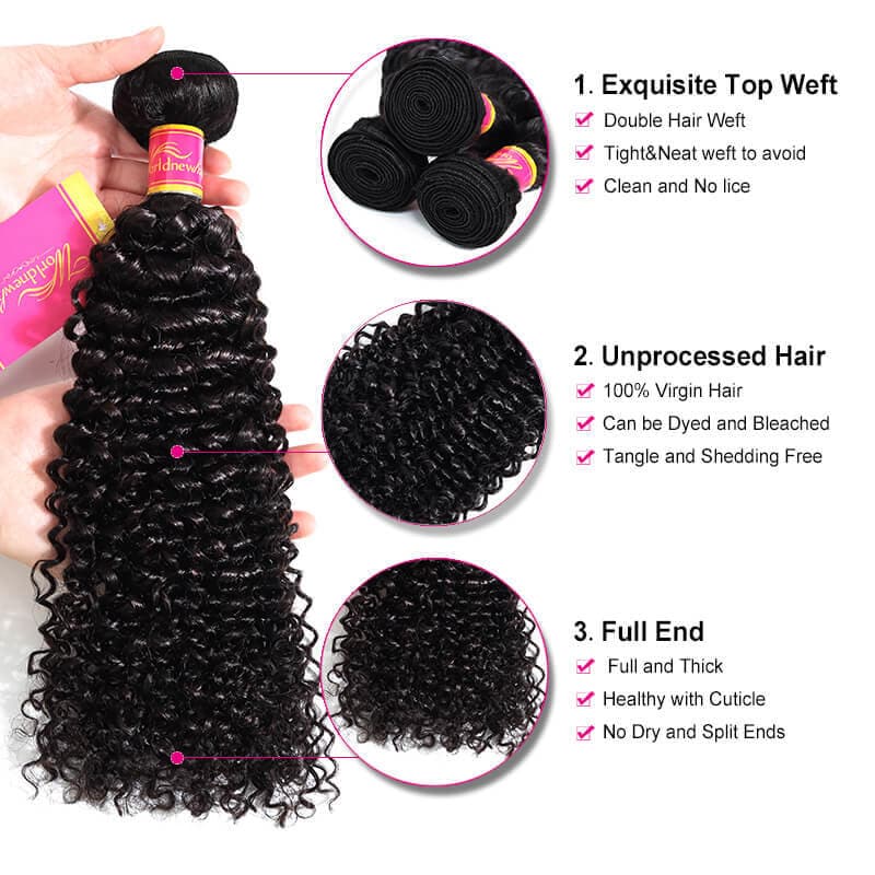 Kinky Curly Hair 3 Bundles With 4*4 Lace Closure Soft Brazilian Human Hair Weft