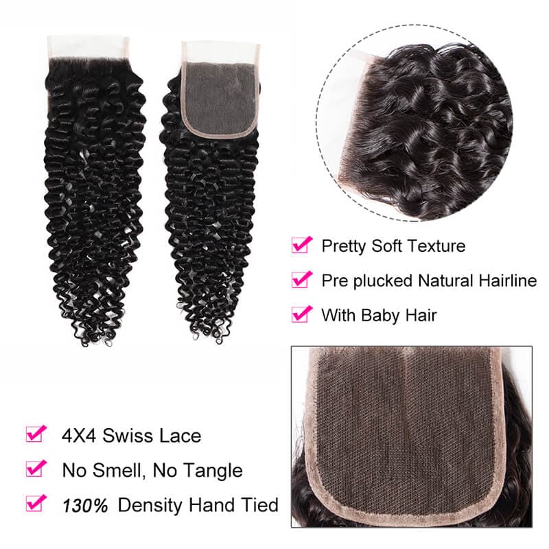 Kinky Curly Hair 3 Bundles With 4*4 Lace Closure Soft Brazilian Human Hair Weft