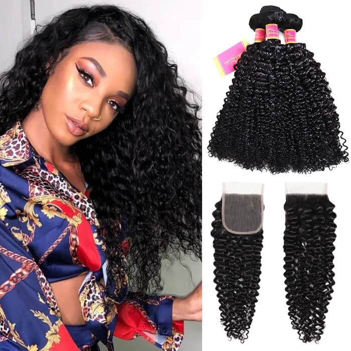 WorldNewHair 7A Unprocessed Curly Human Hair 4 Bundles With Lace Closure Sale Online