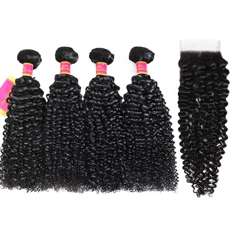 WorldNewHair Unprocessed Curly Human Hair 4 Bundles With Lace Closure Sale Online