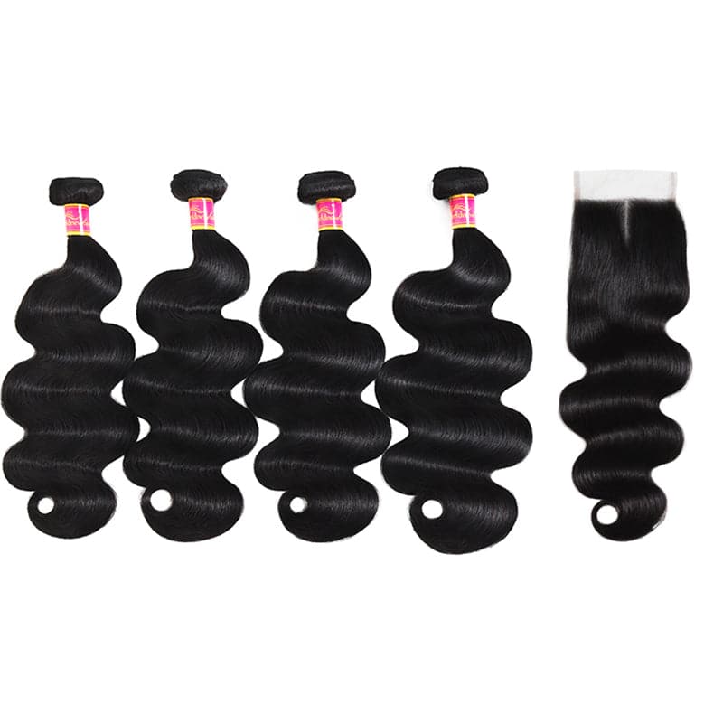 Body Wave Hair 4 Bundles With Lace Closure 100% Virgin Human Hair