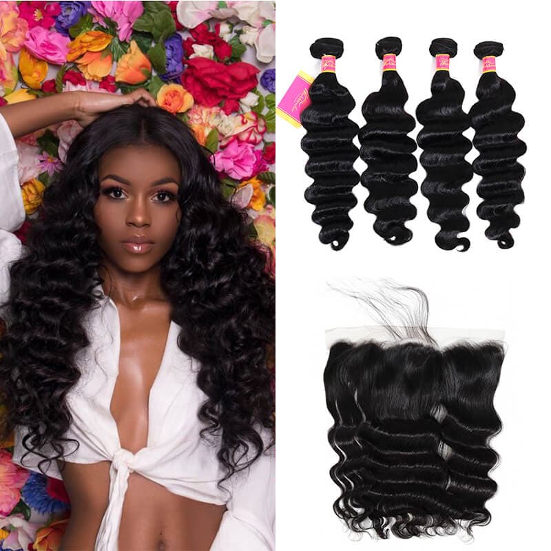 Virgin Loose Deep Wave 4 Bundles With Lace Frontal Free Part Brazilian Virgin Human Hair Weave