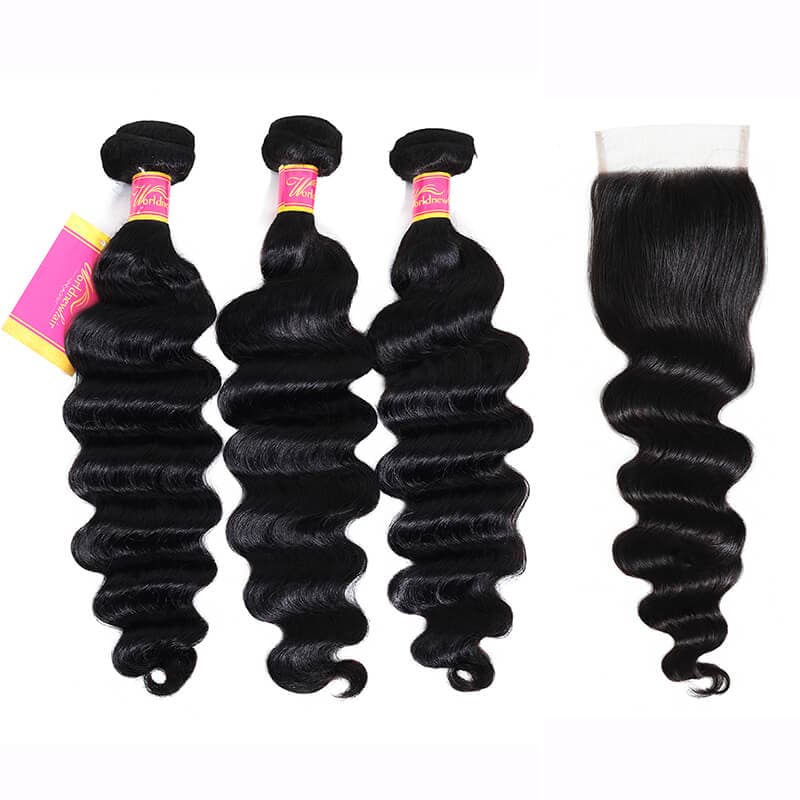 Loose Deep Wave Hair 3 Bundles with 4x4 Lace Closure Brazilian Virgin Human Hair Weft