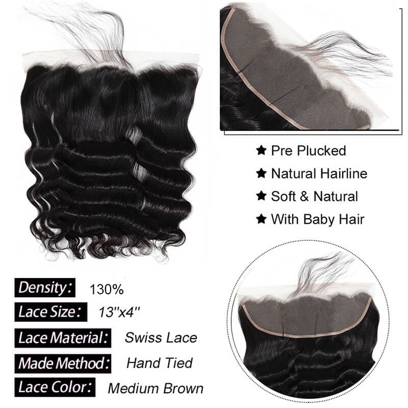 Virgin Hair Loose Deep Wave 13X4 Lace Frontal Closure Pre Plucked With Baby Hair Free Part