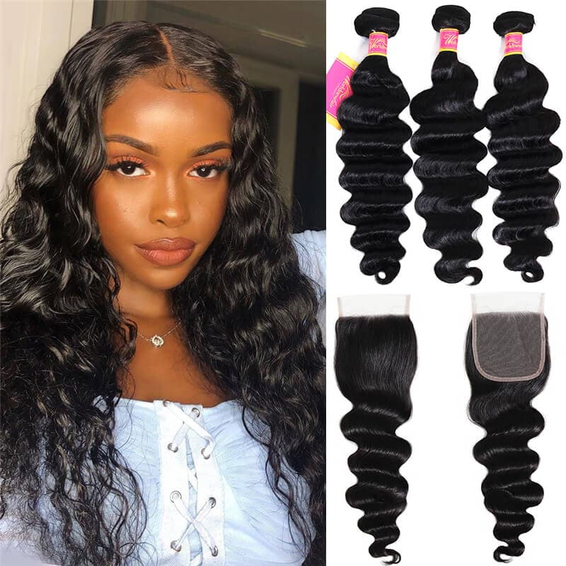 Loose Deep Wave Hair 3 Bundles with 4x4 Lace Closure Brazilian Virgin Human Hair Weft