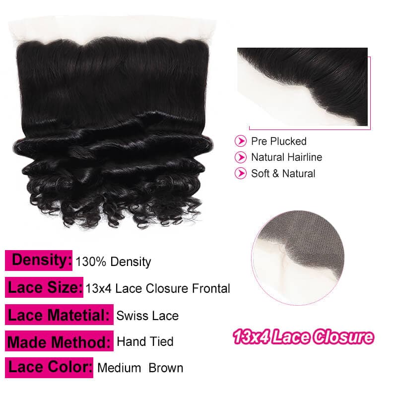 WorldNewHair Brazilian Loose Wave Human Hair 3 Bundles with 13*4 Lace Frontal