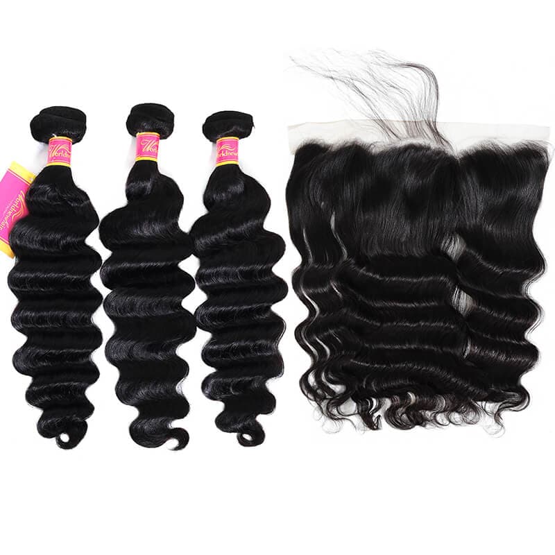 WorldNewHair Brazilian 13x4 Lace Frontal Closure With 3Bundles Loose Deep Wave Hair Extensions