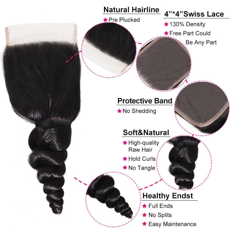 Brazilian Loose Wave Human Hair 4 Bundles with Lace Closure Pre Plucked Natural Hairline