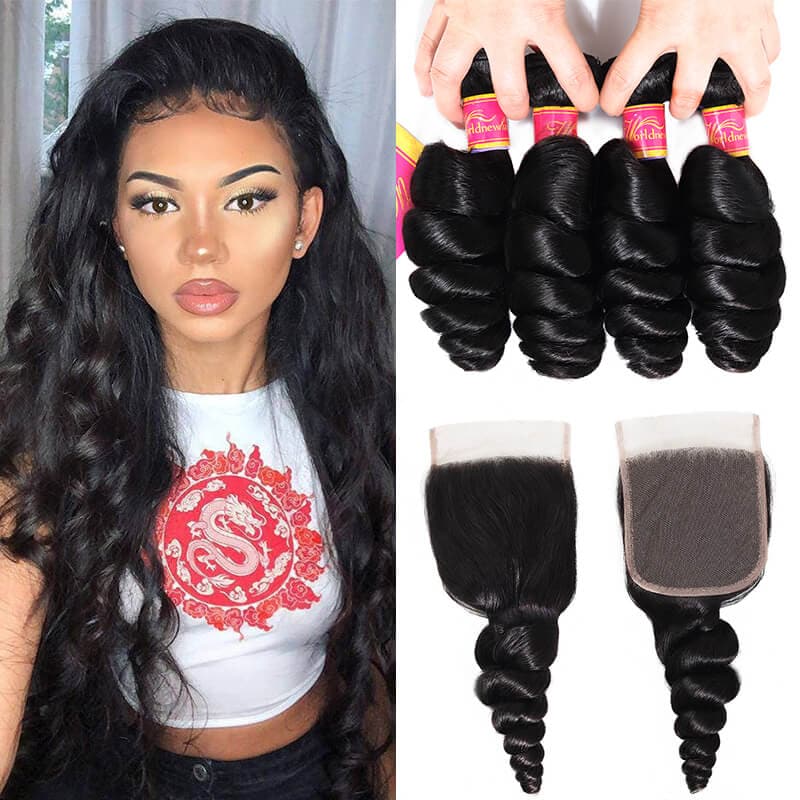 Brazilian Loose Wave Human Hair 4 Bundles with Lace Closure Pre Plucked Natural Hairline