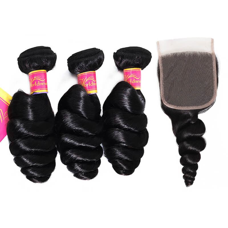 Brazilian Loose Wave Human Hair 3 Bundles with 4x4 Lace Closure