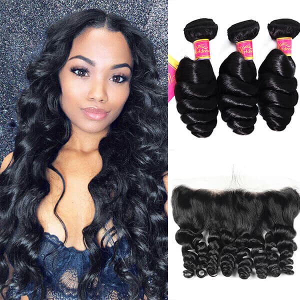 WorldNewHair Brazilian Loose Wave Human Hair 3 Bundles with 13*4 Lace Frontal