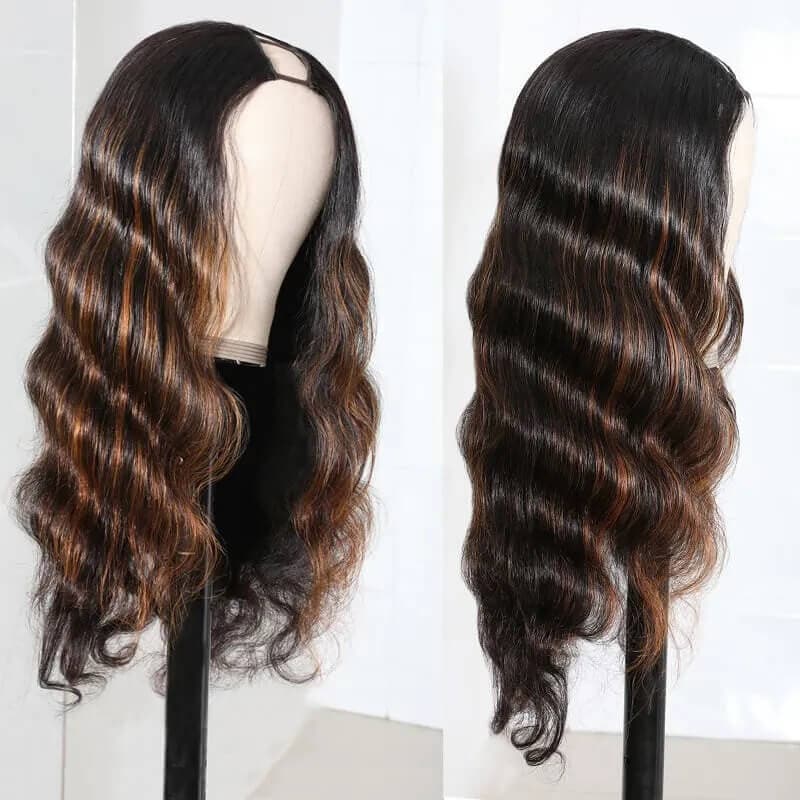 Body Wave U Part Wigs 2x4 Inch U Part Dark Aubrun Ombre Color Human Hair Wigs 150% Density