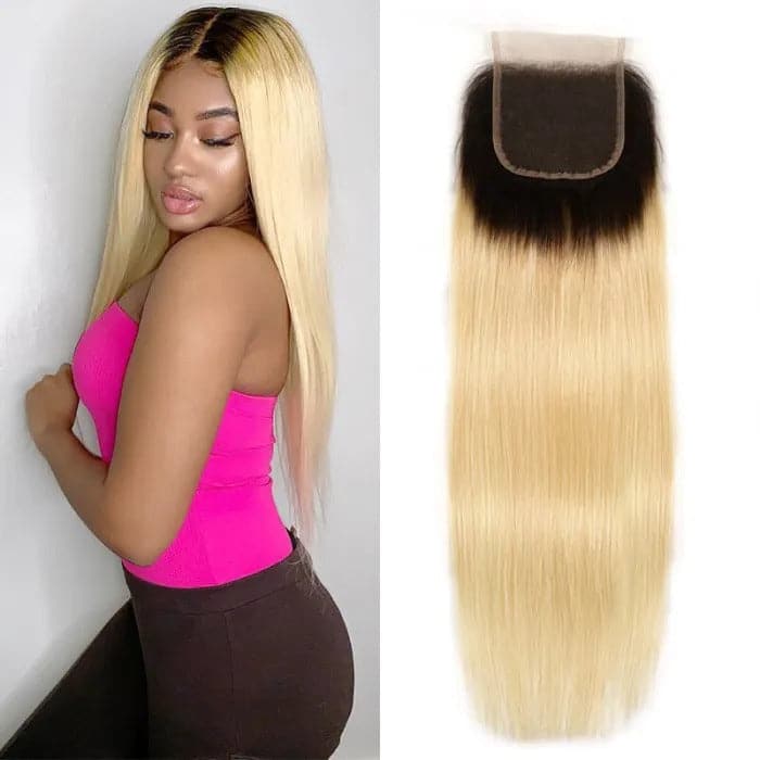 Straight Hair 1B/613 Blonde Ombre Human Hair Free Part 4*4 Lace Closures