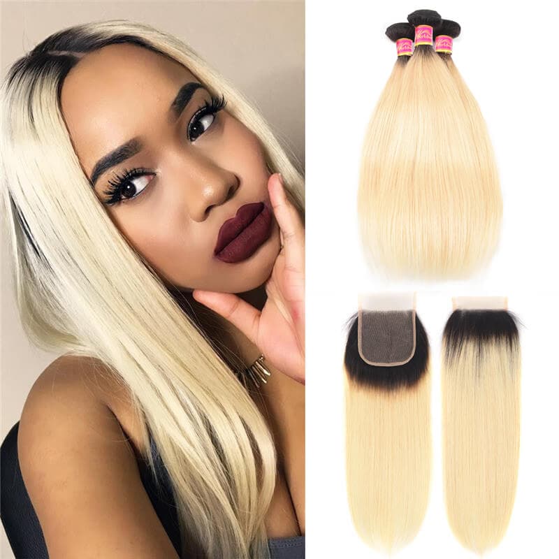Ombre Hair Color 1B/613 Straight Virgin Hair 3 Bundles With 4*4 Lace Closure