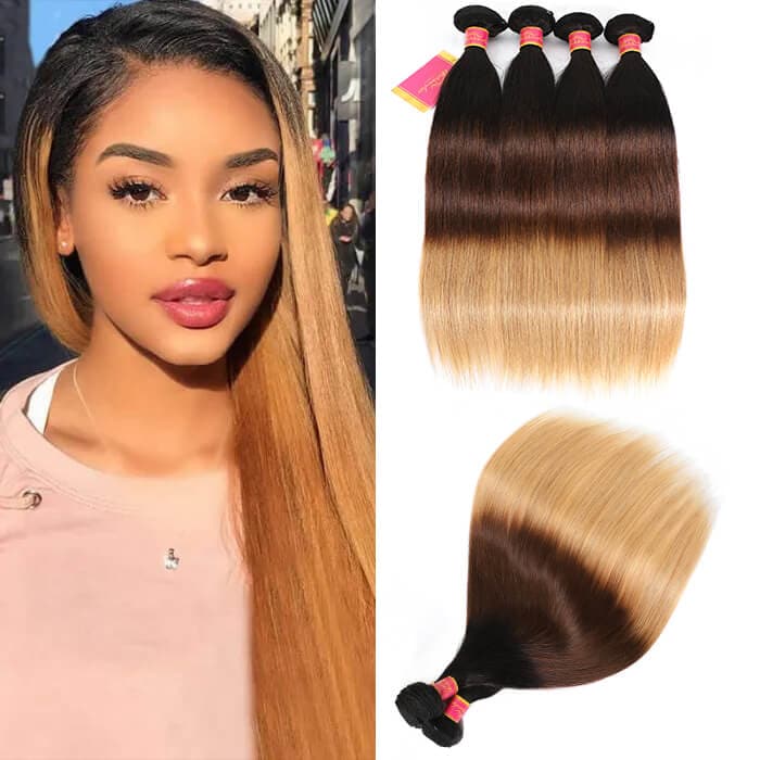 Straight Hair 3 Bundles Ombre Colored Brazilian Human Virgin Hair Weft